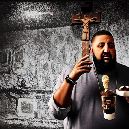 Prompt: a highly detailed realistic photographic render saint dj khaled with ice cream in hands crucified, religious sculpture, cinematic lighting, cinematic scene, Volumetric lighting, Atmospheric scene, Dark, Horror, Atmospheric lighting, Global illumination, realistic, photo realism, hyper realistic, hyper realism, photo realisitc, cinematic render, film, beautifully lit, ray traced, octane 3D render, octane render, unreal engine