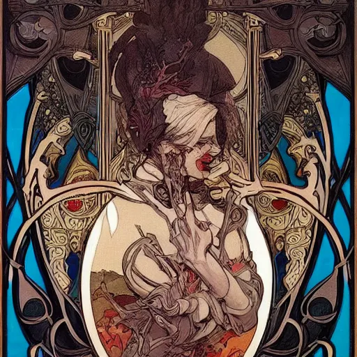 Prompt: Thancred Waters, dark, epic, comic character concept, comic, baroque art, Renaissance art, james jean, mucha art nouveau, extremely detailed and intricate, center composition, elegant, extremely contrast, extremely sharp lines