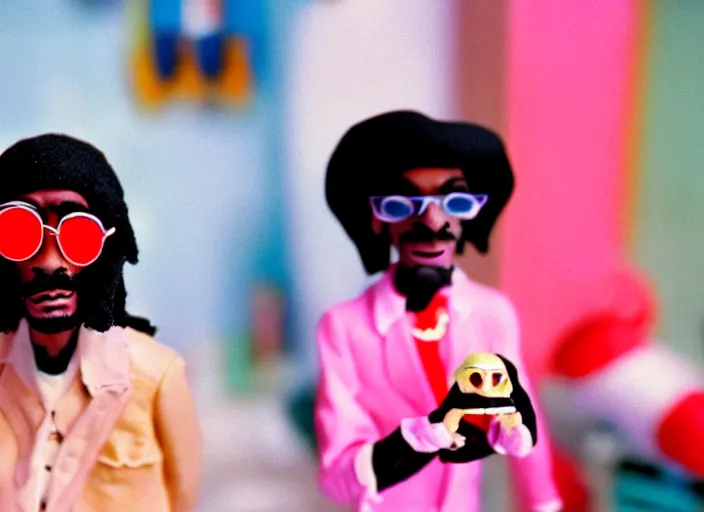 Prompt: 1 9 8 0 s cinematic screenshot cinestill portrait of a stop motion claymation film about a wacky adventure starring snoop dogg, shallow depth of field, 1 8 mm, f 1. 8