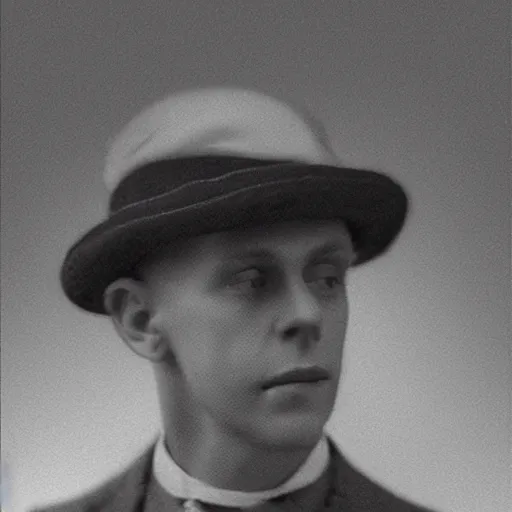 Image similar to A photograph portrait of Jerma985 wearing a homburg hat in the early 1920s, taken in the early 1920s, grainy, taken on a early 1900s Kodak Camera, realistic, hyperrealistic, very realistic, highly detailed, very detailed, extremely detailed, detailed, digital art, trending on artstation