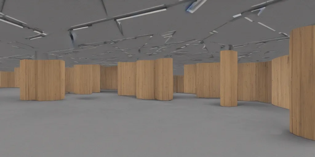 Image similar to a coloured 3 d octane model of a brutalism art gallery with wooden floor, highly detailed