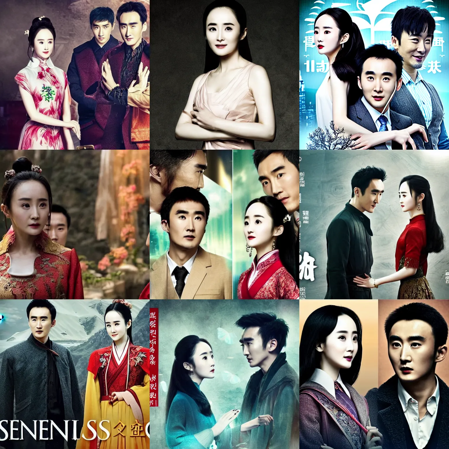 Prompt: Sense and Sensebility, in the leading roles Yang Mi, Mark Chao, Dilraba Dilmurat, Vengo Gao, series on Netflix
