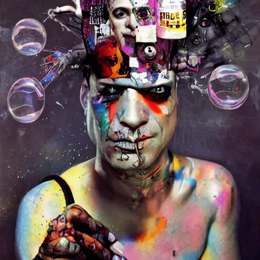 Image similar to mister clean as delirium from sandman, ( hallucinating colorful soap bubbles ), by jeremy mann, by sandra chevrier, by dave mckean and richard avedon and maciej kuciara, 8 0's, punk rock, tank girl, high detailed, 8 k