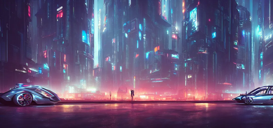 Prompt: view from the ground of a futuristic cyberpunk city at night in rain, with flying cars, symmetry, cinematic lighting, ultra detailed, sharp, ambient occlusion, raytracing, by greg rutowski, paul chadeisson and jessica rossier
