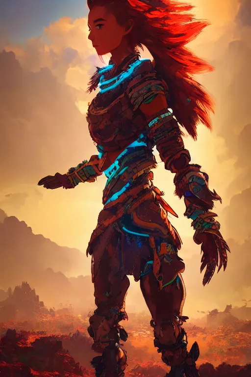 Image similar to combination suit armor aloy horizon forbidden west horizon zero dawn radiating a glowing aura global illumination ray tracing hdr fanart arstation by ian pesty and alena aenami artworks in 4 k tribal robot ninja mask helmet backpack