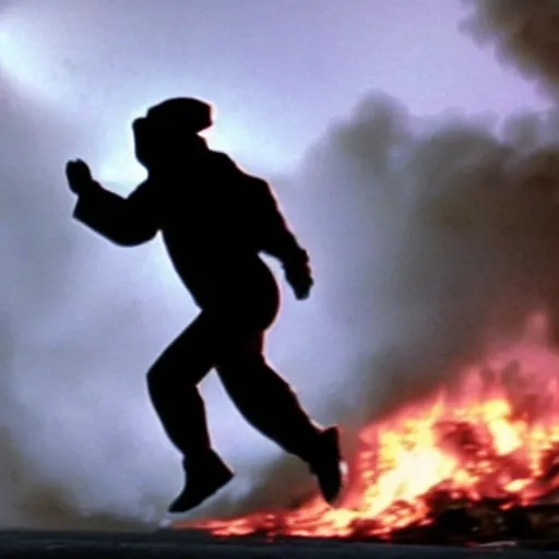 Image similar to A cinematic film still of a man in a hazmat suit running away from an explosion.