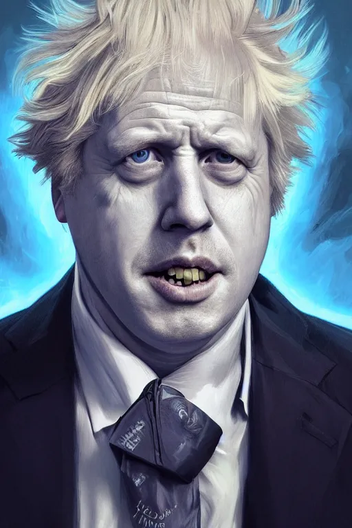 Image similar to Boris Johnson as Rick Sanchez, realistic portrait, symmetrical, highly detailed, digital painting, artstation, concept art, smooth, sharp focus, illustration, cinematic lighting, art by artgerm and greg rutkowski and alphonse mucha