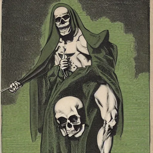 Image similar to a man wearing a black cloak with a skull head killing a man in green