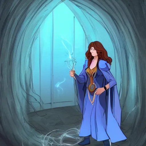 Image similar to a confident mage woman with long blue cape and brown flowing hair!! disovering a graveyard of dreams, inside a futuristic portal!!