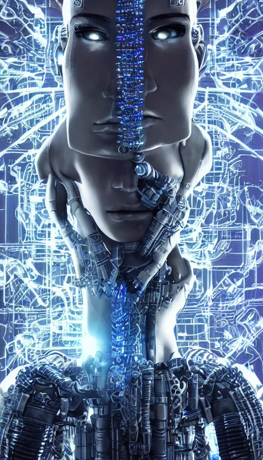 Image similar to full body head to toe portrait of a cyberpunk sci-fi cyborg netrunner bionic man, third person, D&D, sci-fi fantasy, matrix , intricate, white with shiny silver and chartruse fringe highlights, highly detailed, art by Range Murata, highly detailed, 3d, octane render, bright colors, digital painting, trending on artstation, sharp focus, illustration style of Stanley Artgerm, dramatic background