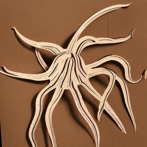 Prompt: cardboard cutout of tentacles, cut out of brown corrugated cardboard, realistic, cardboard cutout, flat, hyperrealistic photography