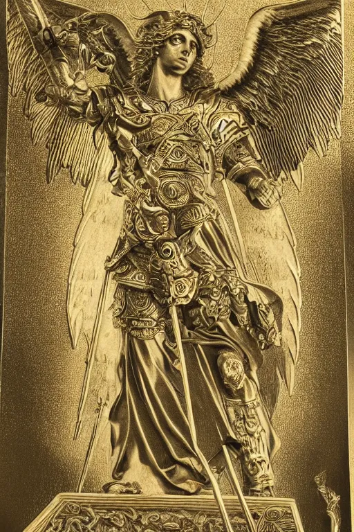 Prompt: A copper engraving of archangel michael, fierce, elegant, HD, 4k, 8k, incredibly detailed, intricate, masterpiece,