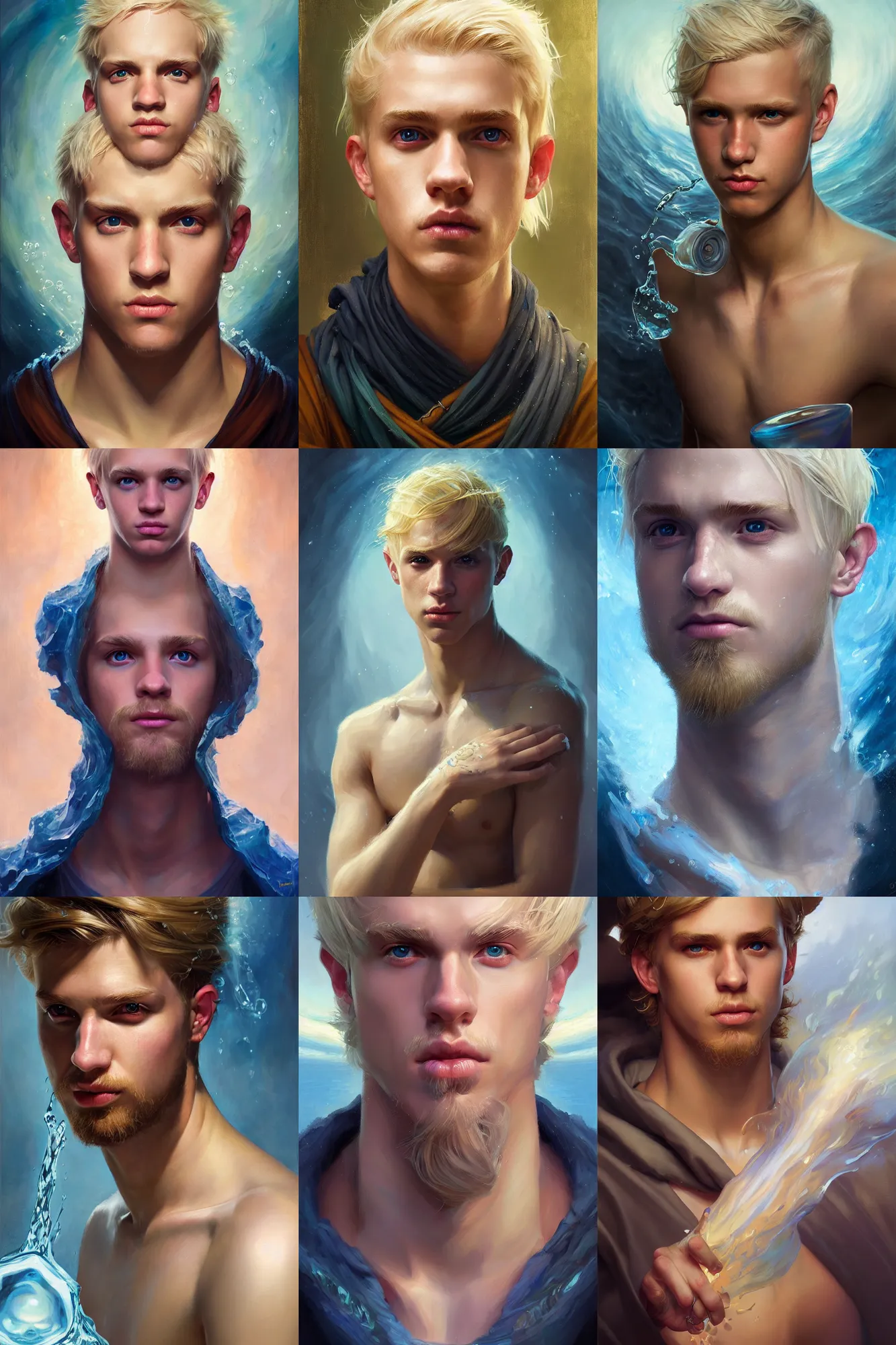 Prompt: a portrait of a young handsome male water wizard, blonde hair, oil on canvas, masterpiece, hi - fructose, mandy jurgens, artgerm, norman rockwell, craig mullins, noah bradley, tranding on pxiv, highly detailed face, clear eyes