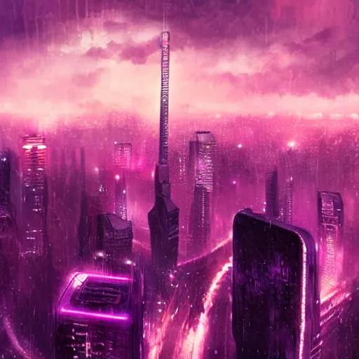 Image similar to blade runner city, high quality, cyberpunk, purple