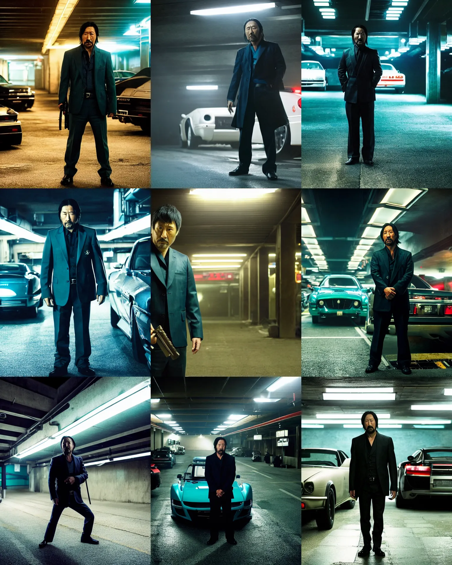 Prompt: denis villeneuve movie still of hiroyuki sanada as yakuza in an underground parking lot, holding out a katana, many exotic cars, rack focus, close establishing shot, monochromatic teal, dark teal lighting, soft dramatic lighting, 4 k digital camera