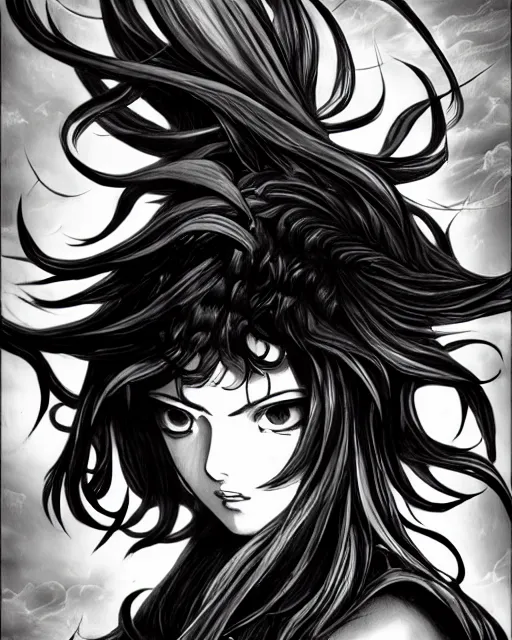 Image similar to Mind Flayers, wind-like hair, posing on a boat, black and white, fantasy art, ambient art, in the style of masami kurumada, illustration, epic, fantasy, intricate, hyper detailed, artstation, concept art, smooth, sharp focus, ray tracing