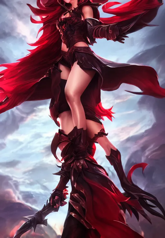 Image similar to a beautiful fierce long black haired woman wearing red dress wielding black sword posing heroically, heavenly moonlit clouds background, close up shot, league of legends style, splash art, highly detailed, vray, artstation, extremely detailed woman, stunning volumetric lighting, hyper realism, fantasy 4k