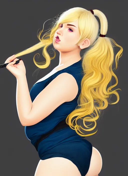 Image similar to full body teenage betty cooper, blonde hair, obese, bangs, ponytail, sultry, realistic, sultry smirk, ponytail, fluffy bangs, curly bangs, fat, belly, beautiful girl, intricate, elegant, highly detailed, digital painting, artstation, concept art, smooth, sharp focus, illustration, art by wlop, mars ravelo and greg rutkowski