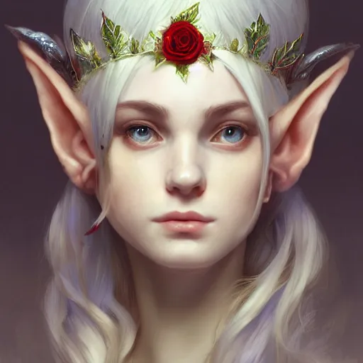 Prompt: portrait of gorgeous elf, rose crown, thorn background, smaller ears headshot, pale skin, 4k, rule of thirds, extreme detail, detailed drawing, trending artstation, hd, fantasy, D&D, realistic lighting, by Alphonse Mucha, Greg Rutkowski, sharp focus, backlit, bright white hair, elegant