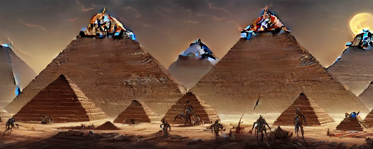 Image similar to an intricate concept art of alien slaves building the egyptian pyramid, concept art, style by dylan cole and tyler edlin and feng zhu, cinematic