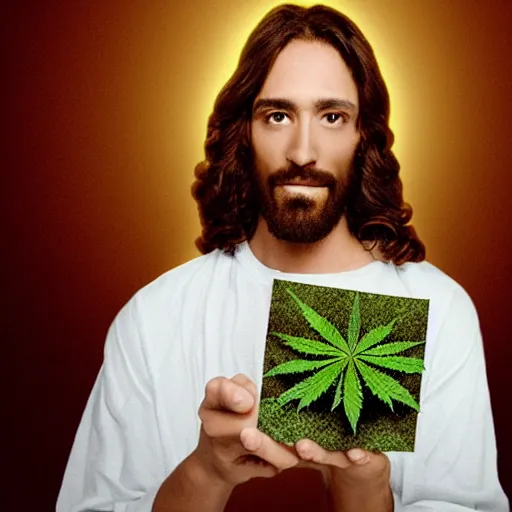 Prompt: photograph of jesus holding a bag of weed