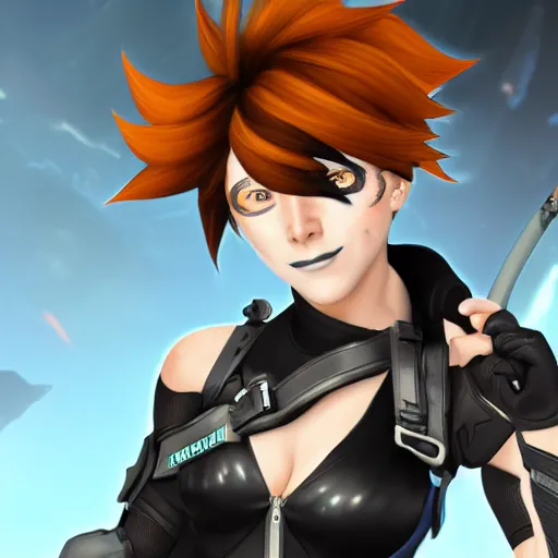 Image similar to digital artwork of tracer from overwatch wearing a black outfit, black lipstick and black eye makeup, 4 k, highly detailed artwork