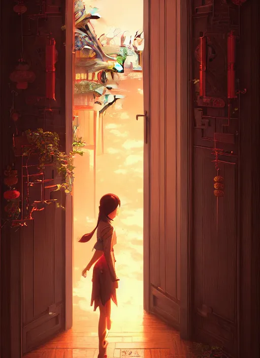 Image similar to Highly detailed and reflective chinese door, Stephen Bliss, unreal engine, fantasy art by Greg Rutkowski, Loish, Rhads, Makoto Shinkai and Lois van baarle, ilya kuvshinov, rossdraws, Tom Bagshaw, global illumination, radiant light, detailed and intricate environment