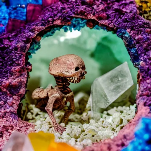 Image similar to tiny dinosaur skeleton inside a geode of multi-colored crystals