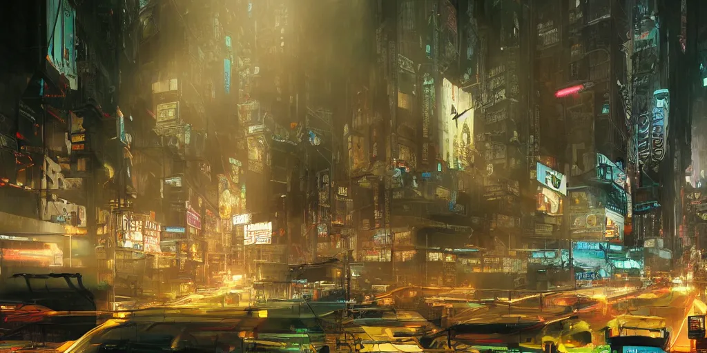 Image similar to a guatemalan solitary cyberpunk city with neon ads and signs with evocative dramatic mood with blade runner vibe with cars and floating vehicles with motion blur with depth of field with bloom with lightshaft with volumetric lights, fog, by jeremy mann, oscar winning graphics, photo realistic, bloom, imax, dynamic lighting, artstation, netflix series,