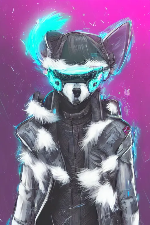 Image similar to a cyberpunk anthropomorphic wolf with a fluffy tail, comic art, trending on furaffinity, cartoon, kawaii, backlighting, furry art!!!, neon, concept art