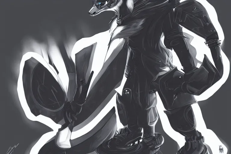 Image similar to a cyberpunk anthropomorphic wolf with a fluffy tail, comic art, trending on furaffinity, cartoon, kawaii, backlighting, furry art!!!, black and white, concept art