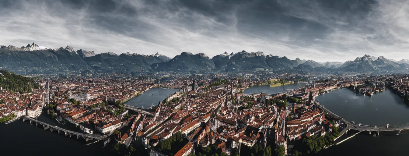 Image similar to Photo of Zurich, looking down the river at the lake and the alps, Hardturm, Grossmünster, wide angle, volumetric light, hyperdetailed, mountain water, artstation, cgsociety, 8k