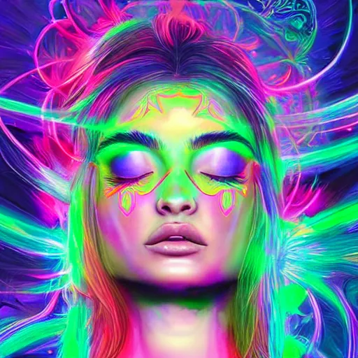 Image similar to a neon psychedelic chakra awakening kundalini ethereal portrait of kim petras with her eyes closed transcending to a higher plane of existence, eternal blessing, multiverse, by android jones, by ben ridgeway, visionary art, by artgerm, featured on artstation, cgsociety, by greg rutkowski