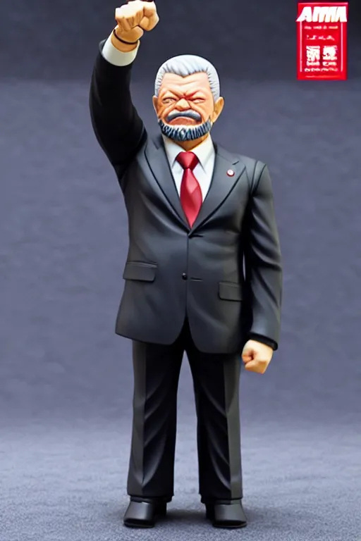 Prompt: still high quality figurine of strongman president lula, tsurime eyes, tareme eyes, personification, dynamic pose, detailed product photo, featured on amiami, tone mapped, beautiful composition, 8 5 mm, f. 1 4