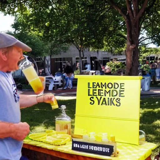 Image similar to a man roundhouse kicks a lemonade stand