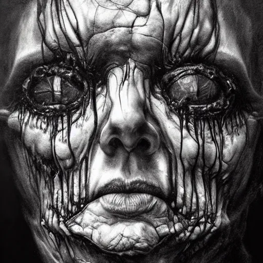 Image similar to hyperrealistic detailed creepy horrific portrait deformed in style of layers of fear and h. r. giger