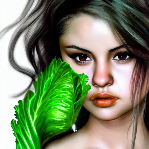 Image similar to photorealistic digital painting of selena gomez as celery hybrid mutant, hd, artstation, 4 k wallpaper