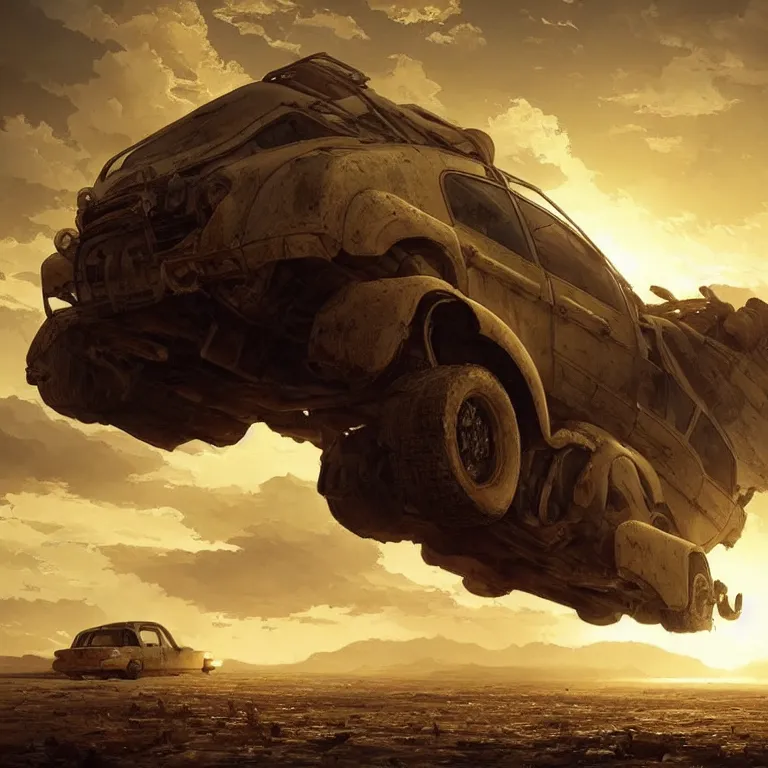 Image similar to A car trudging across a vast desert under an unrelenting sun. award winning. superb resolution. in the art style of greg rutkowski and alphonse mucha. Detailed post-apocalyptic wasteland in background. Hyper realistic. Perfect art.