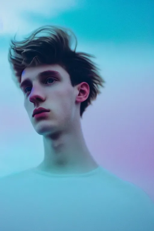 Image similar to high quality pastel coloured film mid angle selfie photograph of a beautiful young 2 0 year old male, soft features, standing in an icelandic black rock environment. atmospheric. three point light. photographic. art directed. ( pastel colours ). volumetric light. stark. waves glitch. 8 k. filmic.