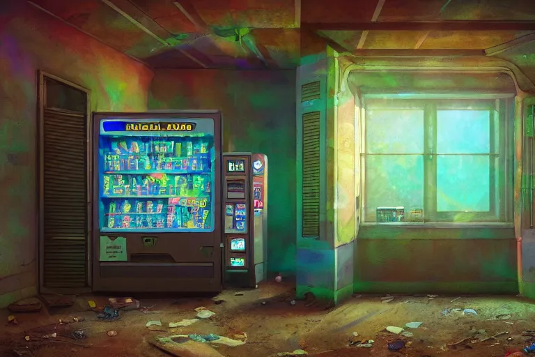 Prompt: an holographic vending machine inside the interior of an abandon house, sunny day, long shot, matte painting, digital art, in the style of studio ghibli, vivid colors, highly detailed, 8 k, establishing shot, smooth, trending on artstation, illustration, realistic