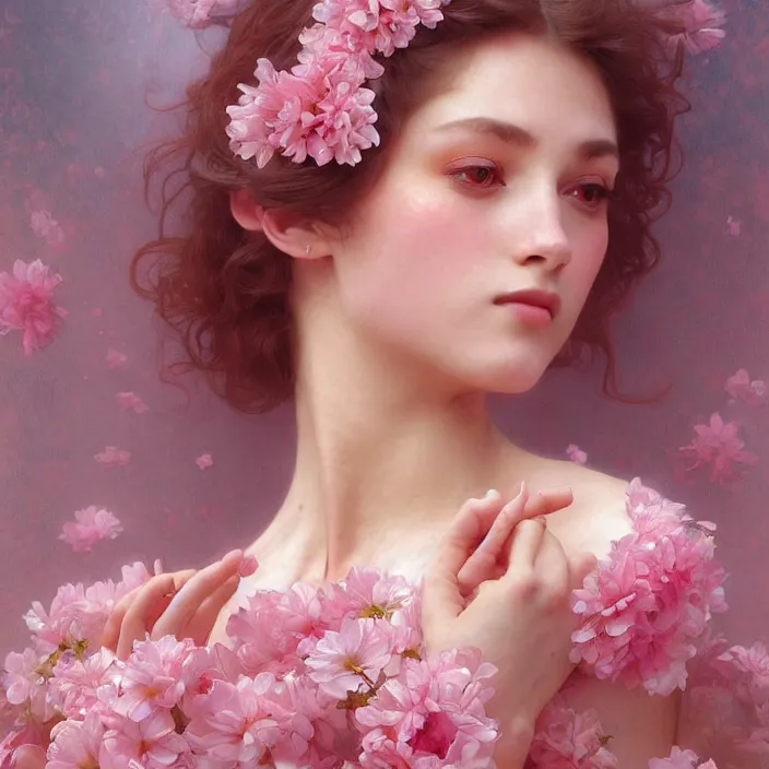 Image similar to pink petals with a ahape of a wonderful goddess, intricate, elegant, highly detailed, wonderful eyes, sweet, digital painting, artstation, concept art, smooth, sharp focus, illustration, art by artgerm and greg rutkowski and alphonse mucha and william - adolphe bouguereau