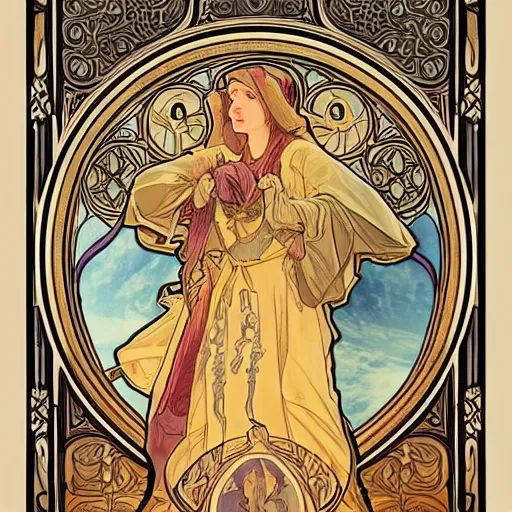 Prompt: Kingdom of heaven, baroque style, carved in wood, inspired by alphonse mucha, trending on artstation