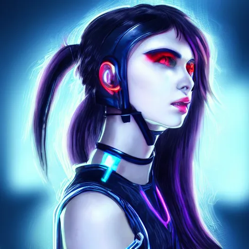 Image similar to headshot artwork of cyberpunk woman wearing thick steel choker, 4K, realistic, artstation, neon,