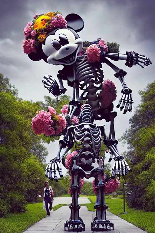 Prompt: a skeletal, mickey mouse made out of flowers and bones, taking a giant robot for a walk by beeple, nychos and arcimboldo, highly detailed, rendered in octane