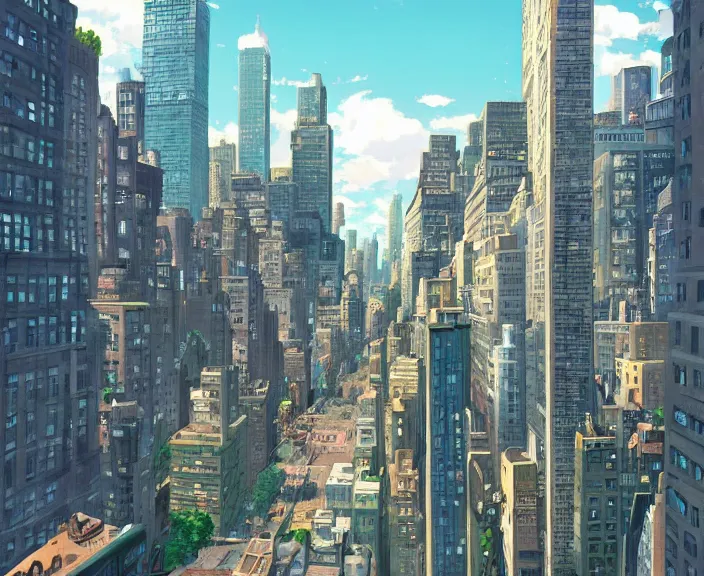 Image similar to New York city, peaceful and serene, incredible perspective, soft lighting, anime scenery by Makoto Shinkai and studio ghibli, very detailed