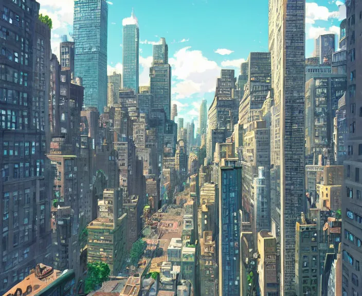 Prompt: New York city, peaceful and serene, incredible perspective, soft lighting, anime scenery by Makoto Shinkai and studio ghibli, very detailed