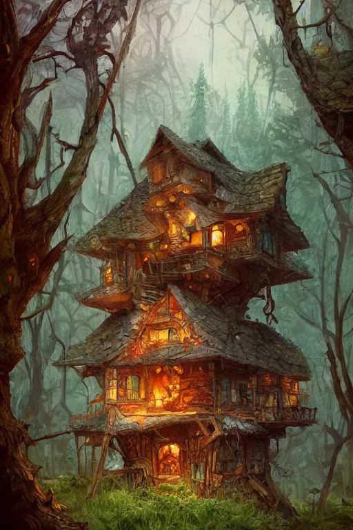 Image similar to a storybook style ramshackle multistory fairytale hut in the forest, by Marc Simonetti, intricate, elegant, fantasy, highly detailed, digital painting, concept art, sharp focus, artstation