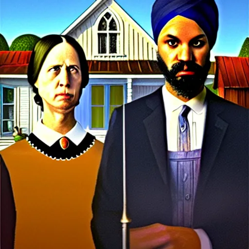 Prompt: Justin Trudeau beside Jagmeet Singh, pictured in the american gothic painting, concept art, sharp focus, highly detailed digital painting by Grant Wood, artstation