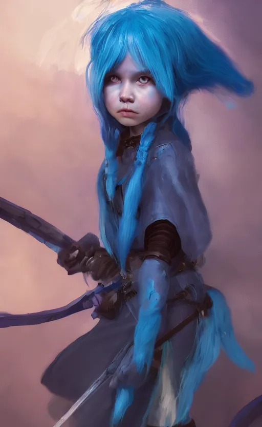 Prompt: little angry girl with blue hair, warrior dress, by wlop and Ross Tran and sam yang and mandy jurgens and viktoria gavrilenko, featured on artstation, cinematic lighting, hyperdetailed, cgsociety, 8k