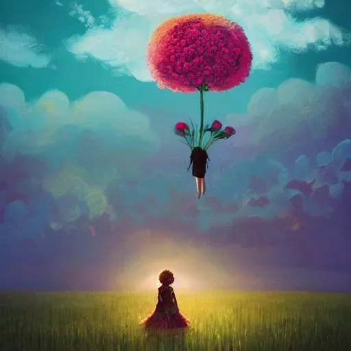 Prompt: girl with giant flower as a face, surreal photography, dream, dress made from the flower field she walks through, hills, big trees, sunrise dramatic light, impressionist painting, colorful clouds, digital painting, pointillism, artstation, simon stalenhag